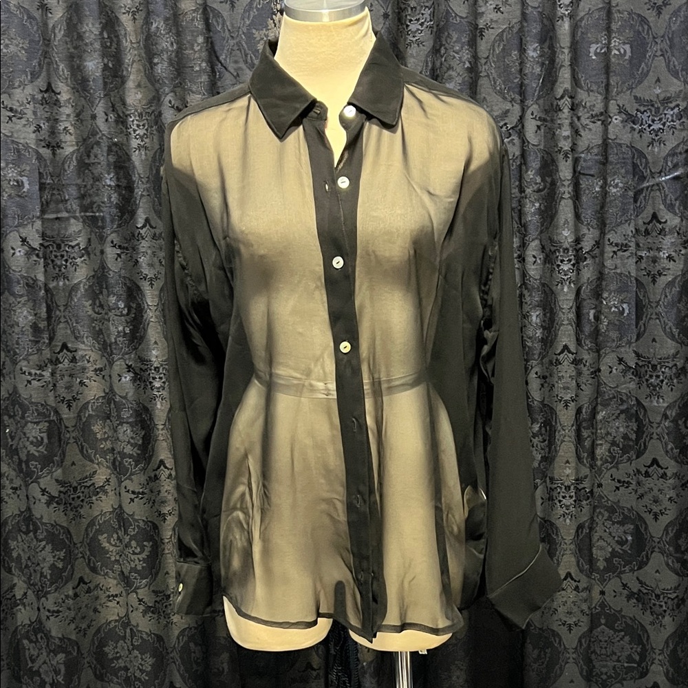 Sheer Silk/Chiffon Black Button-Up Blouse with abalone shell buttons NWT